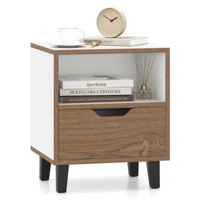 Costway Nightstand With Drawer And Open Storage Shelf For Bedroom-white In Brown
