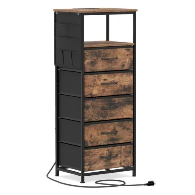 Costway Nightstand With Integrated Charging Station 39 Inches Modern Bedside Table-brown