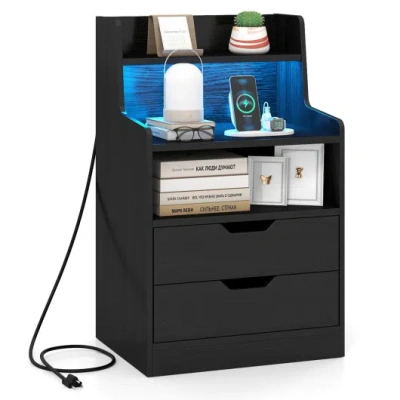 Costway Nightstand With Led Light And Charging Station For Living Room Bedroom-black
