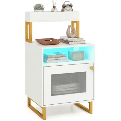 Costway Nightstand With Led Lights Modern End Table With Top Tray Open Compartment And Storage Cabinet-white