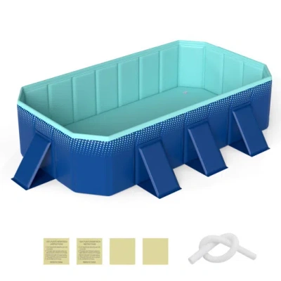 Costway Non-inflatable Swimming Pool Portable Around Ground Pool With 8 Support Panels-navy In Blue