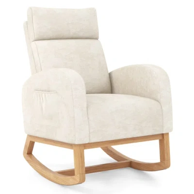 Costway Nursery Rocking Chair Upholstered Chenille Rocker Armchair With Natural Rubber Wood Frame-beige In White