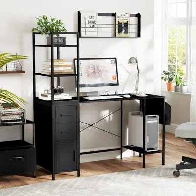 Costway Office Desk With Led Lights & Power Outlets Open Shelves 2 Drawers Cabinet In Black