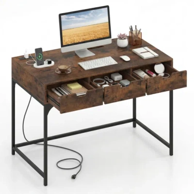 Costway Office Desk With Power Outlets And Hidden Compartment For Study-rustic Brown
