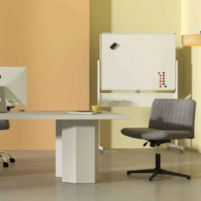 Costway Office Furniture Set: 48 Inches X 36 Inches Mobile Whiteboard+criss Cross Legged Chair+linen Upholst In Multi