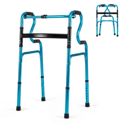 Costway One-button Folding Aluminum Walking Frame Walker Folding Walker For Seniors And Limited Mobility Use In Blue