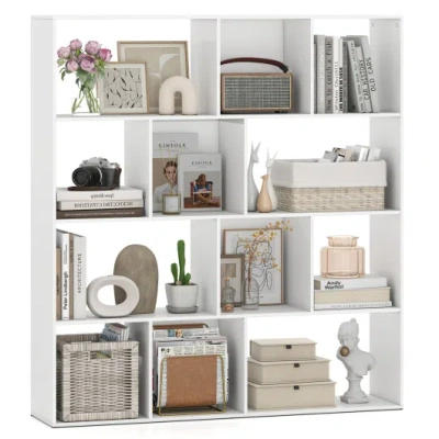Costway Open Shelf Bookcase 4-tier Modern Bookshelf With 12 Storage Compartments-white In Gray