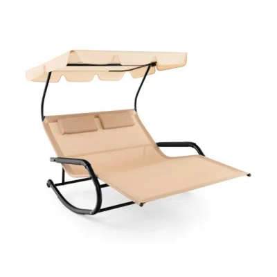 Costway Outdoor 2 Persons Rocking Chaise Lounge With Canopy And Wheels-beige In Brown