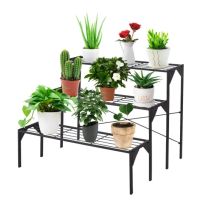 Costway Outdoor 3 Tier Metal Plant Stand With Heavy Duty Rack For Multiple Use In Black