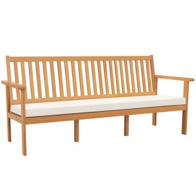 Costway Outdoor 3-seat Wood Bench With Seat Cushion And Slatted Seat-white In Brown
