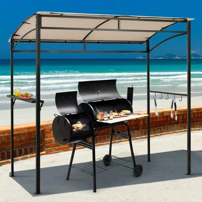 Costway Outdoor 7 Feet Grill With Serving Shelf And Storage Hooks In Beige