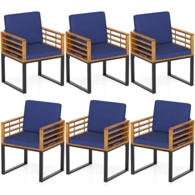 Costway Outdoor Acacia Wood Patio Dining Chairs Set Of 6 With Seat Back Cushions-navy In Blue