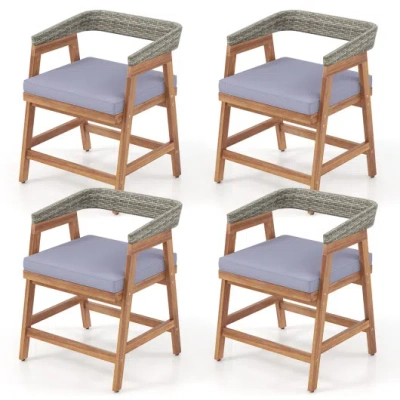 Costway Outdoor Acacia Wood Patio Wicker Dining Chairs Set Of 4 With Seat Cushion-gray