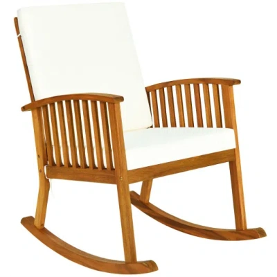 Costway Outdoor Acacia Wood Rocking Chair With Detachable Washable Cushions In Brown
