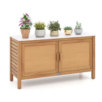 Costway Outdoor Acacia Wood Storage Cabinet Outside Tool Cabinet With Fax Marble Top In Multi
