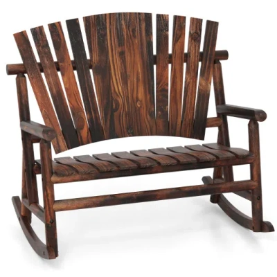 Costway Outdoor Adirondack Rocking Chair For Adults With High Back And Slatted Seat-brown In Multi