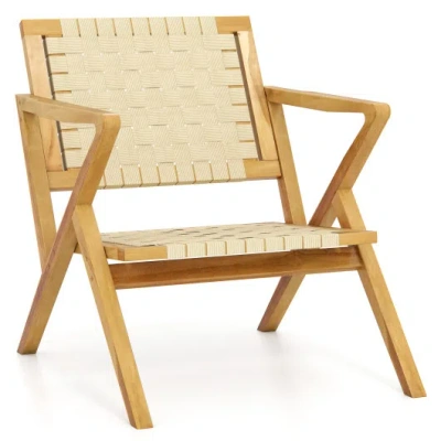 Costway Outdoor And Indoor Teak Wood Patio Chair Wuth Webbing Seat And Backrest-natural In Brown