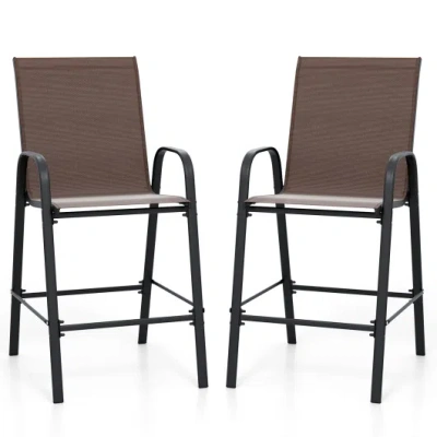 Costway Outdoor Bar Stools Set Of 2 29 Inch Fabric Bar Height Stools With Armrests-brown