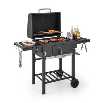Costway Outdoor Bbq Charcoal Grill With 2 Foldable Side Table And Wheels In Black