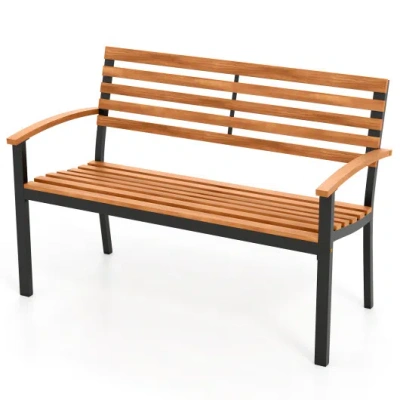 Costway Outdoor Bench Acacia Wood Patio Loveseat With Backrest Armrests In Animal Print