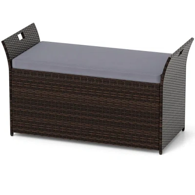 Costway Outdoor Bench With Hand-woven Pe Rattan Wicker And Side Handles-gray In Brown