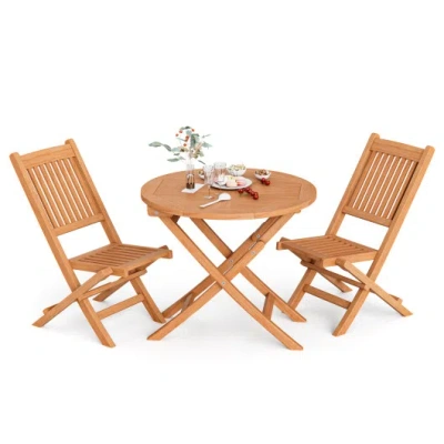 Costway Outdoor Bistro Set With Slatted Seat And Tabletop For Backyard In Brown