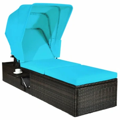 Costway Outdoor Chaise Lounge Chair With Folding Canopy-turquoise In Black