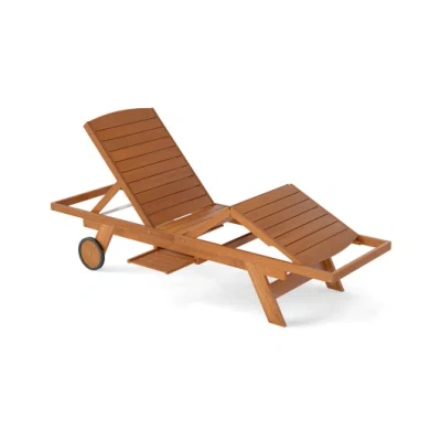 Costway Outdoor Chaise Lounge Chair With Wheels 4-position Patio Wood Recliner With Adjustable Backrest In Brown
