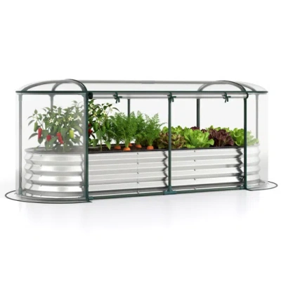 Costway Outdoor Color Steel Raised Garden Bed With Greenhouse Cover Roll-up Window-silver In Animal Print