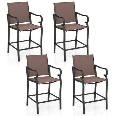 Costway Outdoor Counter Height Bar Stools Set Of 4 With Breathable Mesh Fabric In Brown