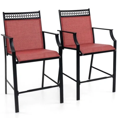 Costway Outdoor Counter Stools Set Of 2 Heavy-duty Barstools With Footrest And Armrests-red In Pink