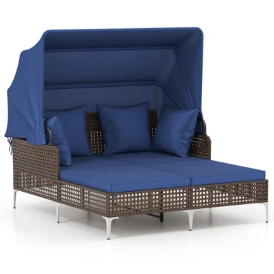 Costway Outdoor Daybed With Retractable Canopy Pe Wicker Rattan Patio Lounger-navy In Blue