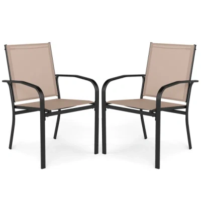 Costway Outdoor Dining Chairs Set Of 2 With High Back And Metal Frame-light Brown In Black