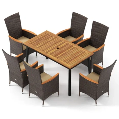 Costway Outdoor Dining Set For 6 Patio Wicker Armchairs And Acacia Wood Table In Multi