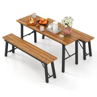Costway Outdoor Dining Table And Bench Set With Acacia Wood Top For Yard Garden Poolside In Brown