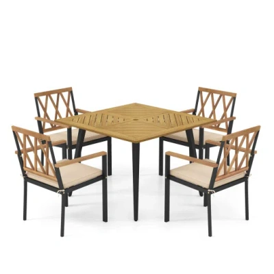 Costway Outdoor Dining Table And Chairs With Cushions And 1.9 Inches Umbrella Hole In Brown