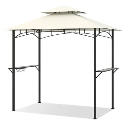 Costway Outdoor Double-tiered Grill Gazebo Canopy With 2 Shelves And 7 Hooks-beige In Black