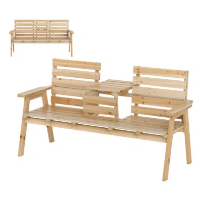 Costway Outdoor Fir Wood Bench With Foldable Middle Table-natural In Brown