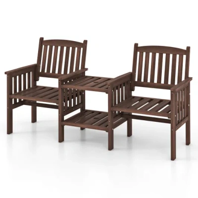 Costway Outdoor Fir Wood Loveseat With 2-tier Side Table And 1.96" Umbrella Hole-coffee In Brown