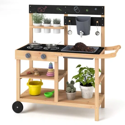 Costway Outdoor Fir Wood Play Kitchen With Blackboard And Planting Pots-natural In Brown