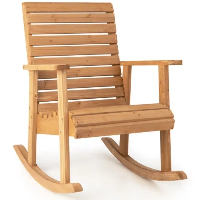 Costway Outdoor Fir Wood Rocking Chair With High Backrest In Brown