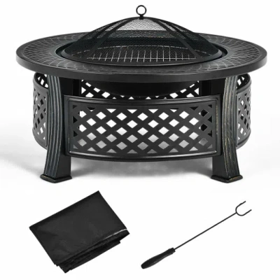 Costway Outdoor Fire Pit With Bbq Grill And High-temp Resistance Finish In Black