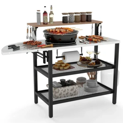 Costway Outdoor Foldable Grill Table With Flip-up Top And 2 Storage Shelves For Backyard Garden In Black