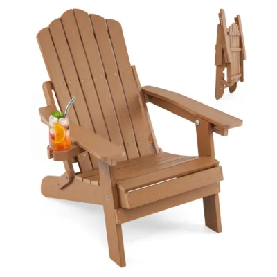 Costway Outdoor Folding Adirondack Chair With Cup Holder And 5-level Backrest-coffee In Brown