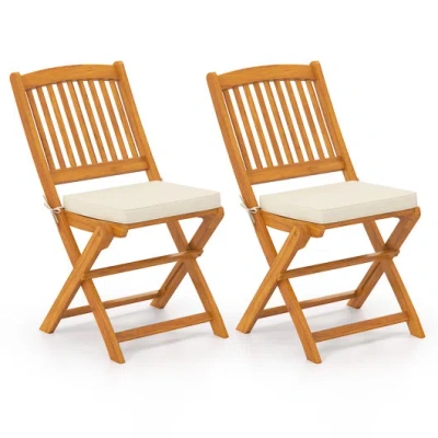 Costway Outdoor Folding Chairs With Seat Cushions Set Of 2-beige In Yellow