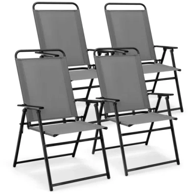 Costway Outdoor Folding Sling Chairs Set Of 4 With Armrest And Backrest-gray