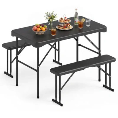 Costway Outdoor Folding Table Bench Set W All-weather Hdpe Tabletop And Sturdy Metal Frame-black