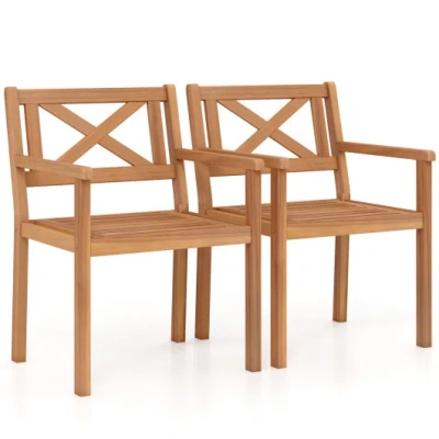 Costway Outdoor Garden Acacia Wood Patio Dining Chairs For Porch-set Of 2 In Brown