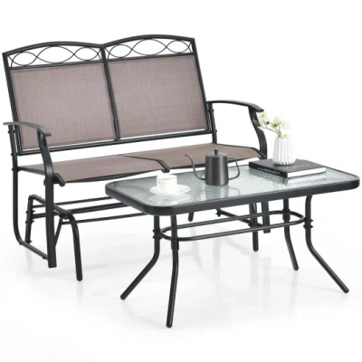 Costway Outdoor Gliding Loveseat Chair With Tempered Glass Coffee Table-2 Pieces In Gray