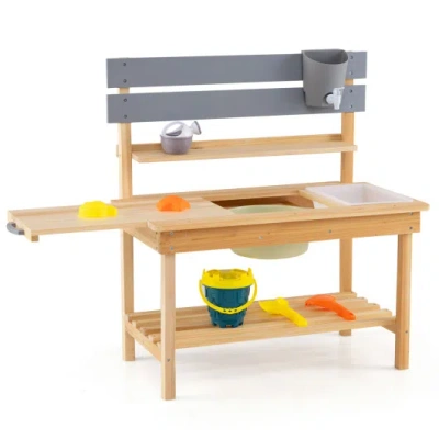 Costway Outdoor Kids Mud Kitchen With Extended Tabletop And Water Tank-natural In Multi